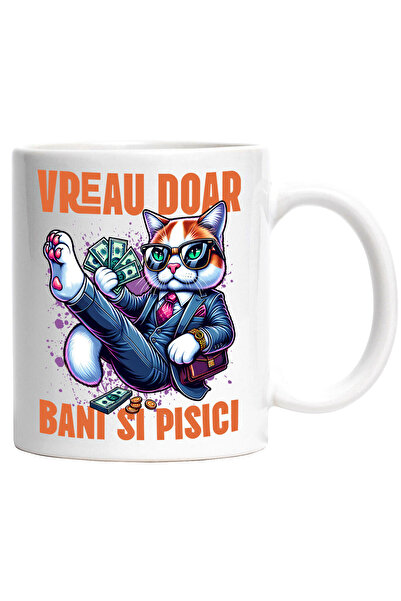 StoryGift Romania Cana Cu Pisica In Costum Office Cu Bancnote Bani Text Vreau...