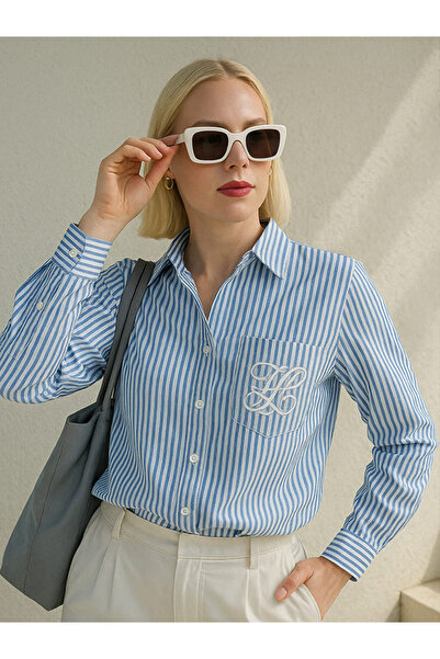 TRENDBUTİKOFFİCİAL Γυναικείο πουκάμισο με κέντημα μπλε ριγέ τσέπης