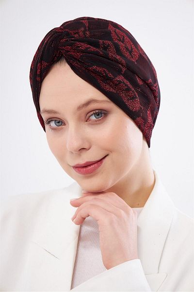 HÜRREM BONE Burgundy Silvery Gathered Hijab Bonnet Jacquard Floral Pattern 2317_16