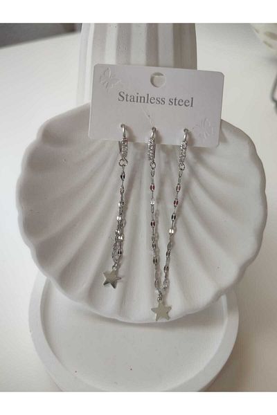 HKN AVM ACCESSORİES Steel Tarnish Free Charm Silver Color Hoop Earrings Multiple Earrings Star Chain Rhinestone Earrings
