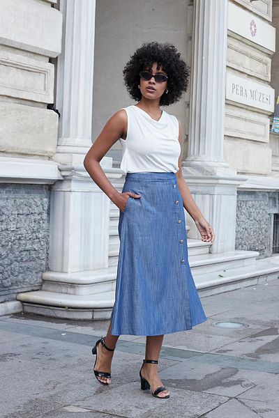 Jument Women's Denim High Waist Front Slit Buttoned Side Pocket Skirt-Light Blue