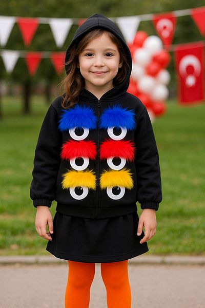 Hilal Akıncı Kids Girl's Three Thread Fur Eyelashes Detailed Hooded Sweat Black Skirt Set of 2