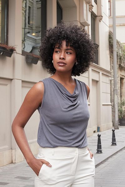 Jument Women's Modal Combed Cotton Degaje Collar Sleeveless Blouse-Anthracite