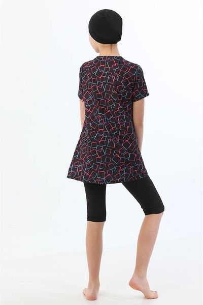 tusem butik homewear Girl's Black Color Water Repellent Quick Drying Short Sleeve Capri Bonnet Full Protection Swimsuit