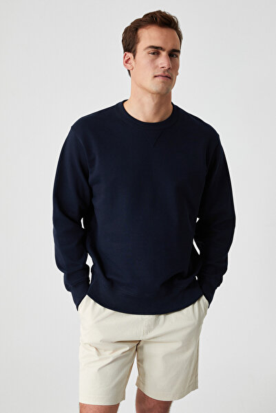 GRIMELANGE Bonell Men's 100% Cotton Relaxed Crew Neck Long Sleeve Navy Blue Sweatshirt