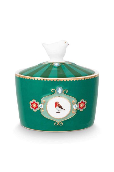 Pip Studio Porcelain sugar bowl, Pip Studio, Medallion Emerald-Green, 300ml, Love Birds collection