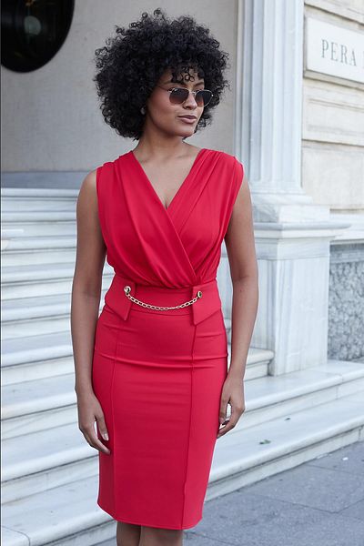Jument Women's Double Breasted Wrap Shoulder Pleated Front Stylish Evening Dress Knee Length Dress with Shirred Accessories - Red