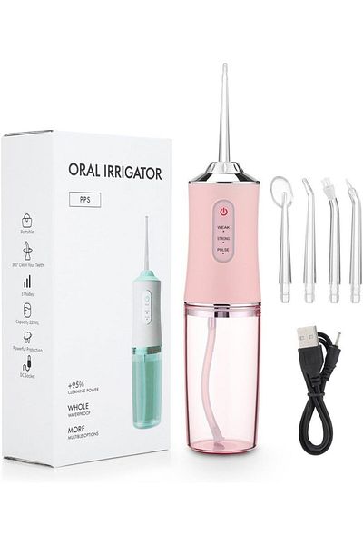 fulina Portable Cordless Water Flosser, 250ml, USB Rechargeable, IPX7 Waterproof, 3 Modes, 4 Nozzles, Pink