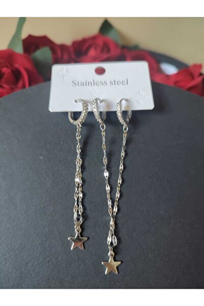 HKN AVM ACCESSORİES Çelik Kararmaz Charm Gümüş Renk Halka Küpe Çoklu Küpe Yıldız Zincir Taslı Küpe