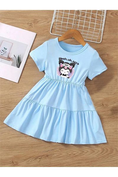 npLStore Rochie pentru copii cu mânecă scurtă cu imprimeu Kuromi, 3 piese
