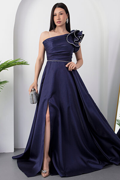 PULLIMM Tek Omuz Göğüs Büzgülü Yırtmaçlı Abiye Elbise ECR5579