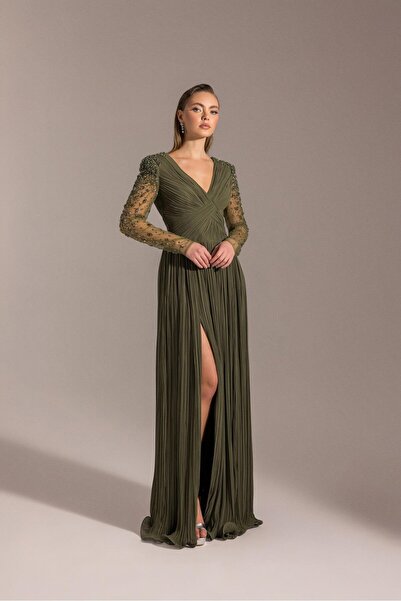 Kenzel BÜYÜK BEDEN KOLLARI DANTEL TAŞLI PLİSELİ ABİYE ELBİSE