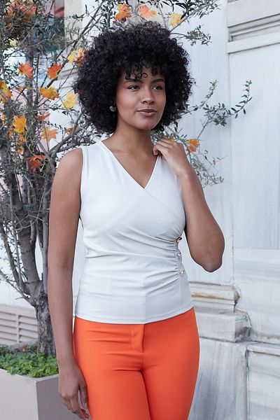 Jument Women's Lycra Stylish Fabric Wrap Double Breasted Shirred Button Accessory Sleeveless Body Blouse-Stone