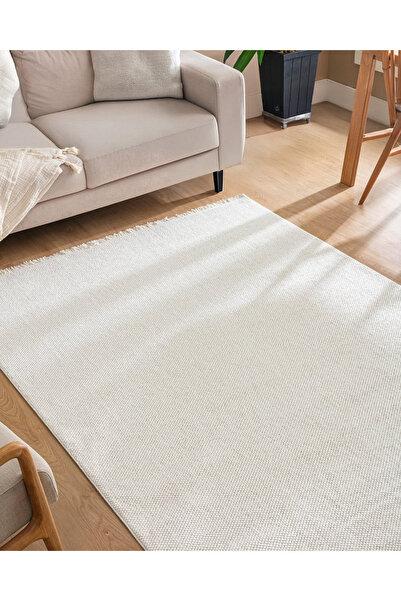 Trend Home Suit Beyaz Jüt Dokuma Halı Saçaklı Dekoratif Doğal İskandinav Tarz...