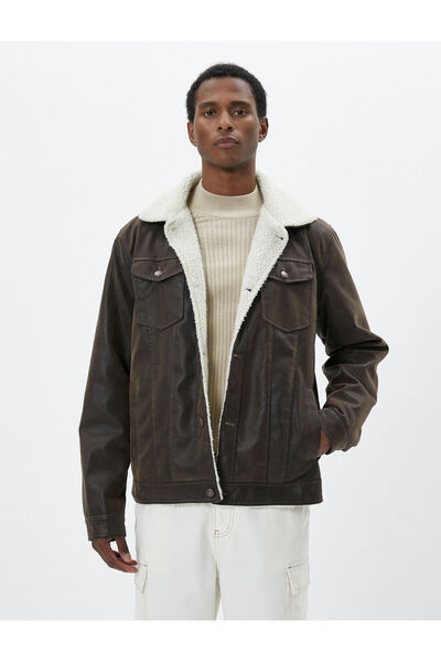 Koton Кожено яке с плюшена яка и джоб с копчета