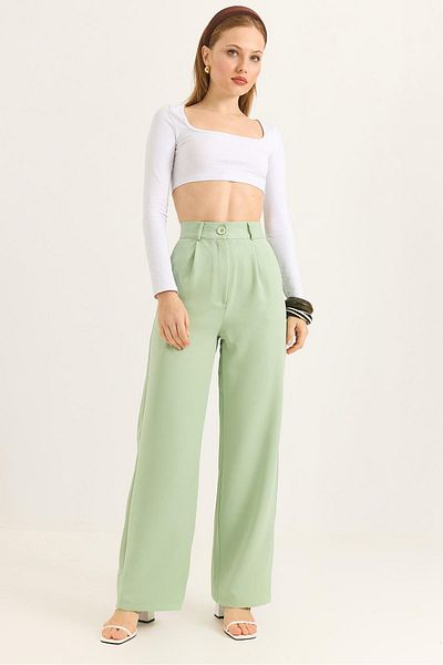 Raneel Kazançlı Alışveriş High Waist Wide Leg Green Trousers