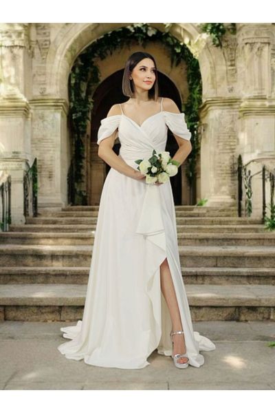 FaBe Fashion Double Breasted Neckline Rope Strap Off Shoulder Slit Back Lace up Satin Outdoor Shooting and Wedding Dress