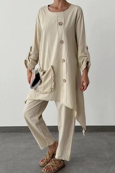 SUMEF Women's Bohemian Tunic and Pants Set-Beige