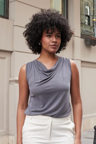 Jument Women's Modal Combed Cotton Degaje Collar Sleeveless Blouse-Anthracite