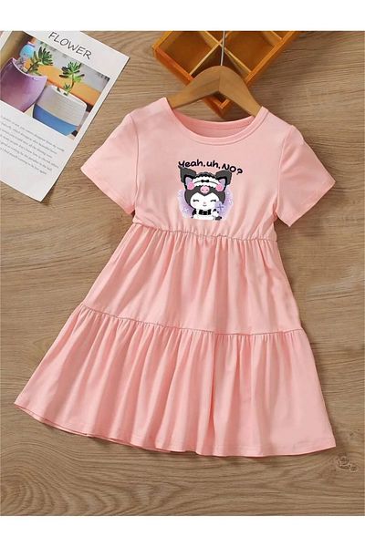 npLStore Rochie pentru copii cu mânecă scurtă cu imprimeu Kuromi, 3 piese