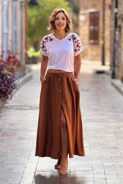 Nevin Kaya Moda Καφέ Λινό Φούστα με Κουμπί Μπροστά