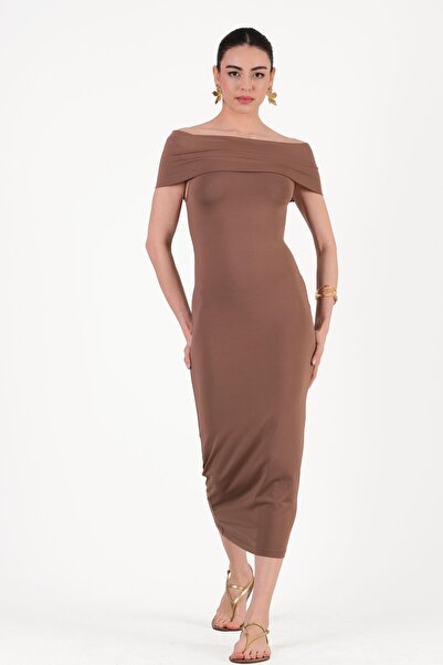 Spazio Delciso Kayık Yaka Omuzları Açık Elbse SÜTLÜ KAHVE