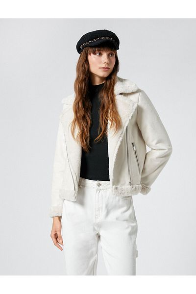 Koton Biker Jacket Faux Leather Faux Fur Zippered Pocket Detailed