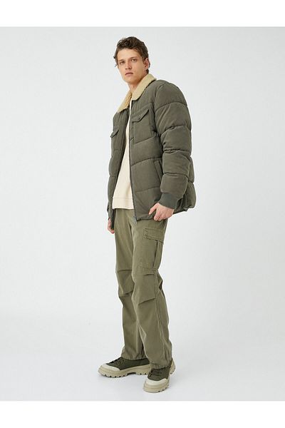 Koton Puffer Jacket with Double Pockets and Zippered Plush Collar Detail