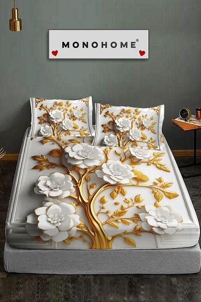 MonoHome 100% Cotton Fitted Sheet Special Design 5D Digital 60 Wire Gold