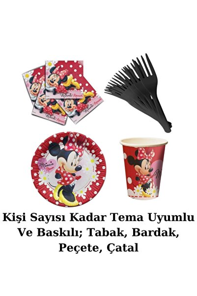 Minnie Mouse Yavru Mini Mouse Metalize Masa Etekli 24 Kişilik Doğum Günü Parti Malzemeleri Süsleri Seti