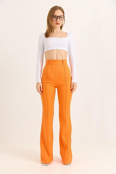 Raneel Kazançlı Alışveriş High Waist Checked Flared Trousers Orange