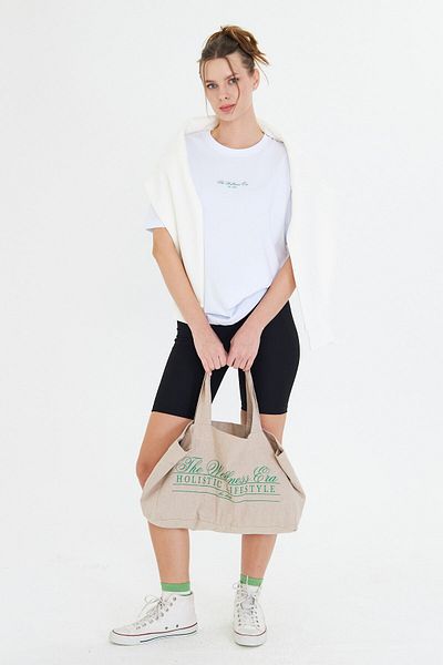 The Champ Clothing Set de genți din pânză cu text verde pentru femei The Wellness Era, alb, 100% bumbac