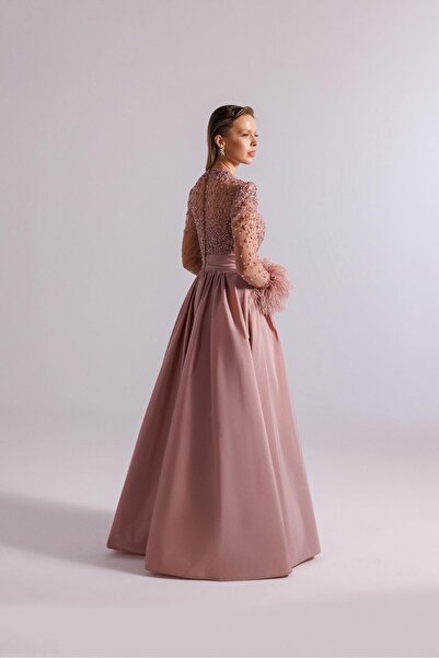 Kenzel Transparent Sleeve and Shoulder Feathered Evening Dress