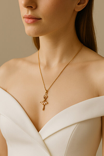 glanssieraad Altın Kaplama Kararmaz Çelik Balerin Kolye – Pembe Taşlı Model