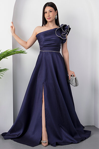 PULLIMM Tek Omuz Göğüs Büzgülü Yırtmaçlı Abiye Elbise ECR5579