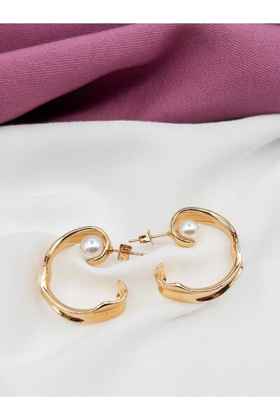 Siya Silver İncili Asimetrik Çelik Halka Küpe