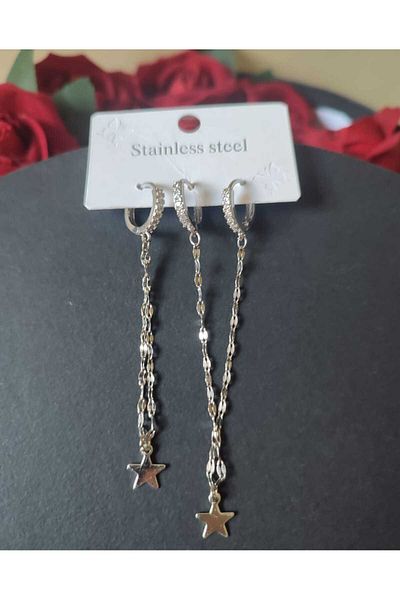 HKN AVM ACCESSORİES Steel Tarnish Free Charm Silver Color Hoop Earrings Multiple Earrings Star Chain Rhinestone Earrings