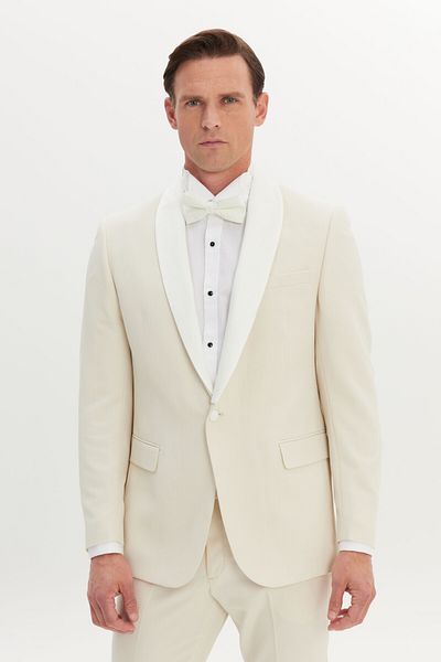ALTINYILDIZ CLASSICS Slim Fit Dark Cut Out Shawl Collar Jacket with Pockets Flexible Groom's Ensemble Ivory Dinner Suit