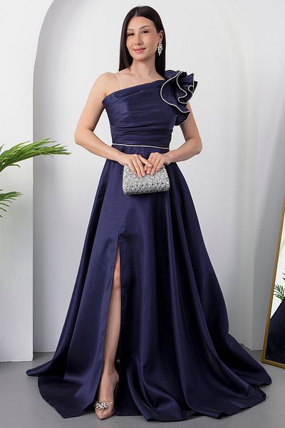 PULLIMM One Shoulder Chest Gathered Slit Evening Dress Ecr5579