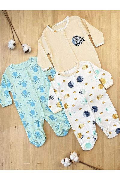 DEFNE LİNA BABY Girl Boy Baby Printed Cotton Snap-On Booties 3-Piece Newborn Outfit Jumpsuit Set 3-6-9 Months