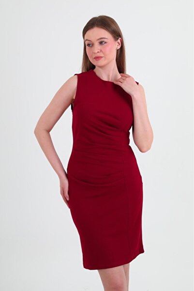 My crasia Crasia Kadın Drapeli Kısa Bordo Elbise 3073