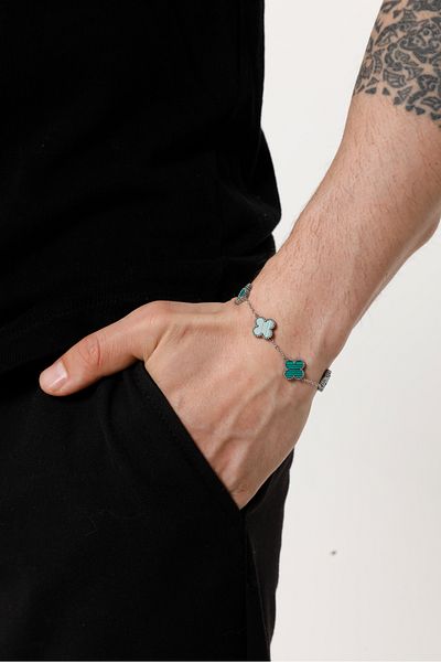 Fjellor Unisex Silver Green Large Size Figured Design Steel Bracelet
