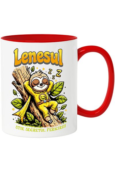 StoryGift Romania Mug The Lazy Man Knows the Secret of Happiness, 330ml, Ceramic with Red Handle, With Red Handle STG,STG