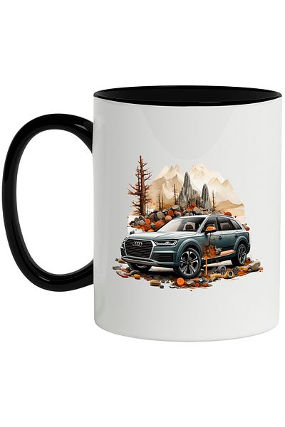 StoryGift Romania Mug With Car, Audi, Brand, Rocks, Stones, Tree, Mountains, Multicolor 330 ml, Ce, Cu, STG
