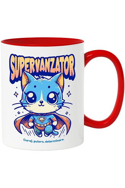 StoryGift Romania Super Seller Mug, Superhero, Flying Cat, 330ml, Ceramic with Red Handle, With Handle, STG.