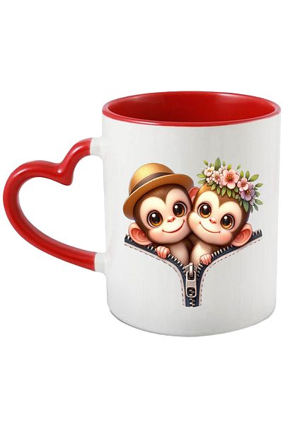 StoryGift Romania Mug with 2 monkeys, illustration, crowded, zipper, friendship, floral wreath, With,STG
