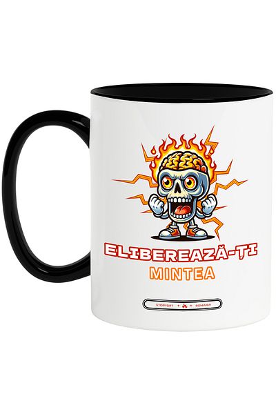 StoryGift Romania Mug Skull with brain in flames text Free your mind, 330ml, Ceramic with M, With, STG