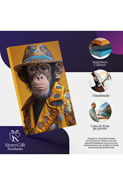 StoryGift Romania Tablou Canvas Maimuța Cu Bănuți Strălucitori Pe Paltonul Galben Și Pălărie De Detectiv , Pictur
