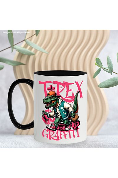 StoryGift Romania T-Rex Urban Hip-Hop Star Y2K Graffiti Mug, 330ml, Ceramic with Black Handle, With Handle, STG