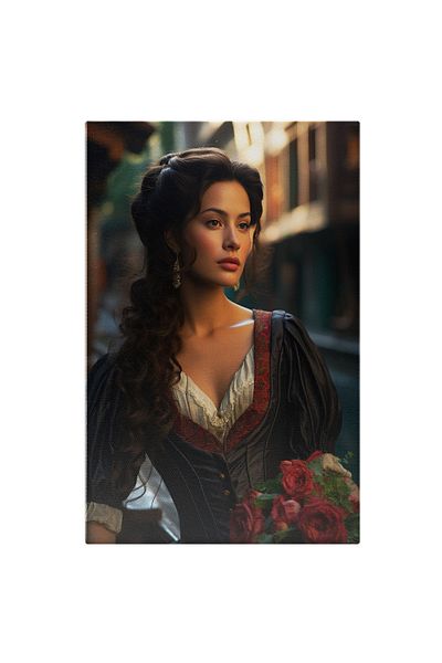 StoryGift Romania Tablou Canvas: Domnita Cu Rochia Neagra Si Chipul Luminat Cu Par Saten Tine Un Buchet De Trand